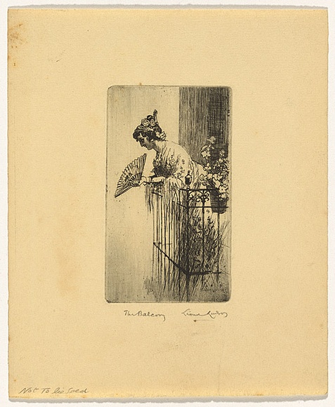 Artist: b'LINDSAY, Lionel' | Title: b'The balcony' | Date: 1919 | Technique: b'drypoint, printed in warm black ink with plate-tone, from one plate' | Copyright: b'Courtesy of the National Library of Australia'