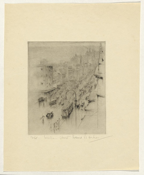 Artist: b'Barker, David.' | Title: b'William Street.' | Date: (1930) | Technique: b'drypoint, printed in black ink with plate-tone, from one plate'