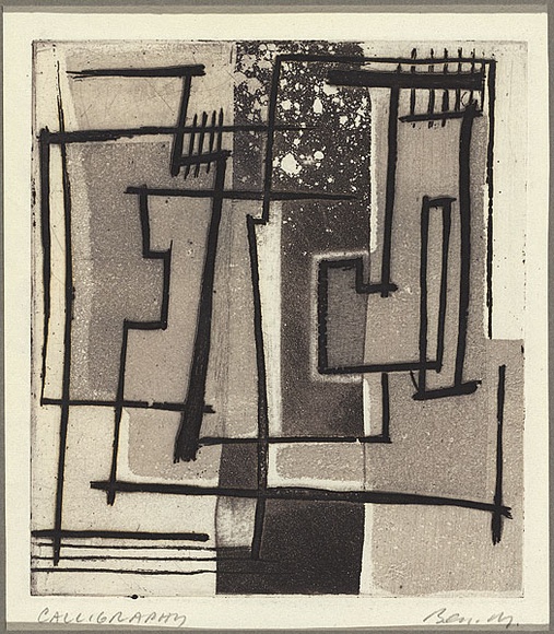 Artist: b'MADDOCK, Bea' | Title: b'Calligraphy' | Date: 1959 | Technique: b'etching, aquatint, deep etch and relief-etching, printed in colour, from one copper plate'