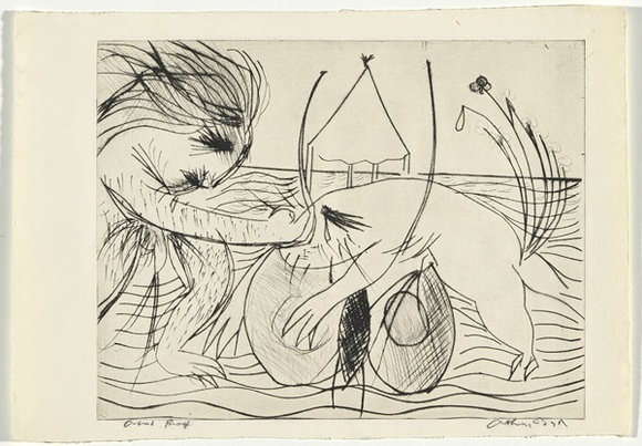 Artist: b'BOYD, Arthur' | Title: b'Figure with beast and moth over water.' | Date: (1968-69) | Technique: b'drypoint, printed in black ink, from one plate' | Copyright: b'Reproduced with permission of Bundanon Trust'