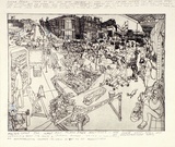 Artist: b'Rooney, Elizabeth.' | Title: b'(The Lane Cove Plaza saga continues)' | Date: 1977 | Technique: b'etching, printed in black ink with plate-tone, from one  zinc plate: with additional work in pen and blue ink'