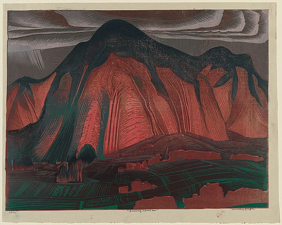 Artist: b'GRIFFIN, Murray' | Title: b'Burning mountain' | Date: 1966 | Technique: b'linocut, printed in colour, from multiple blocks'