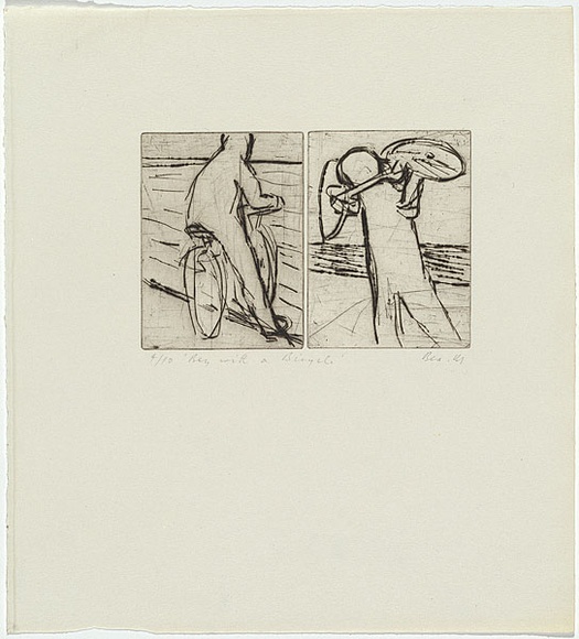 Artist: b'MADDOCK, Bea' | Title: b'Boy with a bicycle' | Date: 1964 | Technique: b'drypoint, printed in black ink with plate-tone, from two abutted copper plates'