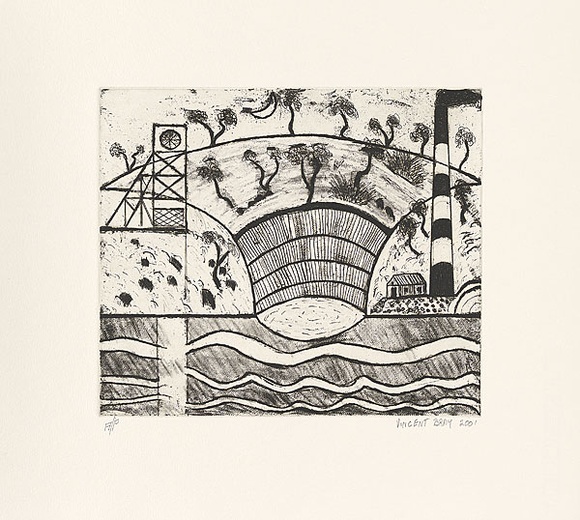 Artist: Bray, Vincent. | Title: not titled [mining landscape with dwelling] | Date: 2001 | Technique: etching, printed in black ink, from one plate