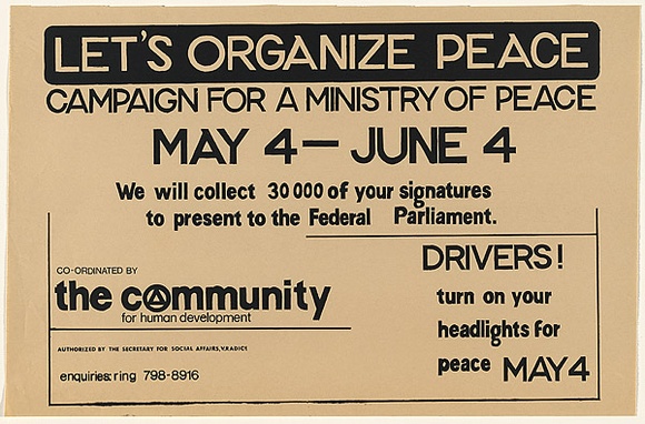 Artist: b'Community for Human Development.' | Title: bLet's organize peace. | Date: c.1984 | Technique: b'screenprint, printed in black ink, from one stencil'