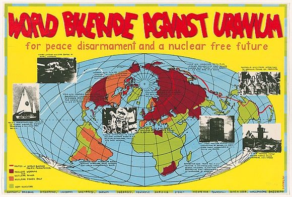 Artist: b'Lightbody, Graham.' | Title: b'World Bikeride Against Uranium for peace, disarmament and a nuclear free future.' | Date: 1982 | Technique: b'screenprint, printed in colour, from four stencils' | Copyright: b'Courtesy Graham Lightbody'