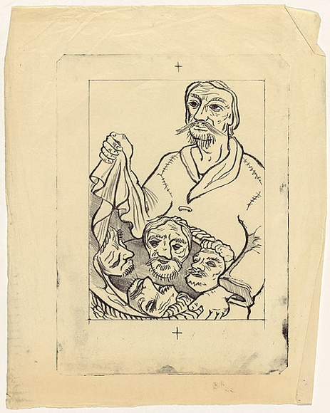 Title: b'not titled [man holding platter of severed heads]' | Date: 1950s-60s | Technique: b'lithograph, printed in black ink, from one stone'