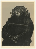 Artist: b'AMOR, Rick' | Title: b'Homeless woman London underground.' | Date: 1990 | Technique: b'woodcut, printed in black and grey ink, from two blocks'