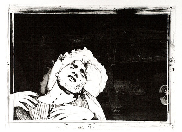 Artist: b'SHOMALY, Alberr' | Title: b'(Alberr in foreground - 3 figures & car)' | Date: 1973 | Technique: b'photo-etching and etching, printed in black ink, from one plate'