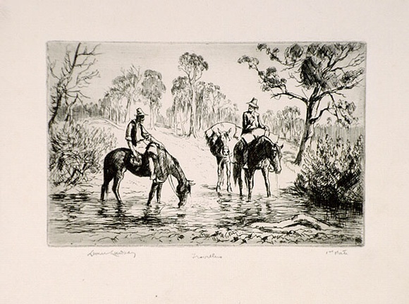 Artist: b'LINDSAY, Lionel' | Title: b'Travellers' | Date: 1938 | Technique: b'etching, printed in black ink with plate-tone, from one plate' | Copyright: b'Courtesy of the National Library of Australia'