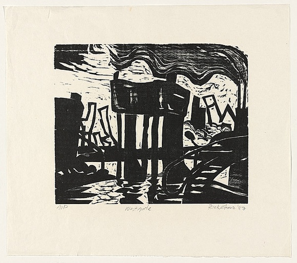 Artist: b'AMOR, Rick' | Title: b'Westgate.' | Date: 1987 | Technique: b'linocut, printed in black ink, from one block'