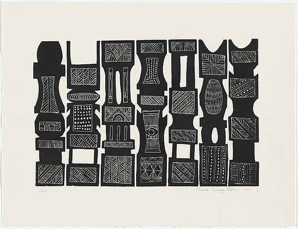 Artist: TUNGUTALUM, Bede | Title: Pukumani poles 1 | Date: 1988 | Technique: linocut, printed in black ink, from one block | Copyright: © Bede Tungutalum, Licensed by VISCOPY, Australia