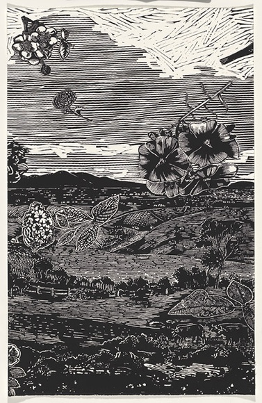 Title: bView of Geelong toward great, great grandmother Stinton's garden - Panel 2 | Date: 2007 | Technique: b'linocut, printed in black ink, from one block'