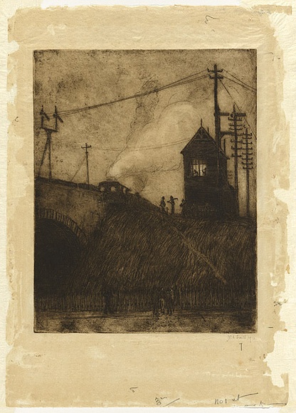 Artist: b'TRAILL, Jessie' | Title: b'The signal-box.' | Date: 1910 | Technique: b'etching, drypoint and foul biting, printed in warm brown ink with plate-tone, from one plate'