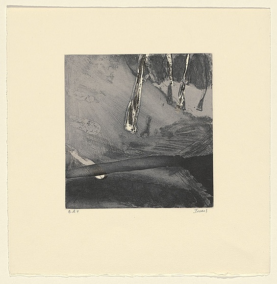 Artist: b'Murphey, Idris.' | Title: b'Not titled [ambiguous landscape- long shape with four tree trunks upper right].' | Date: 2002 | Technique: b'open-bite and aquatint, printed in black and grey ink, from two plates'