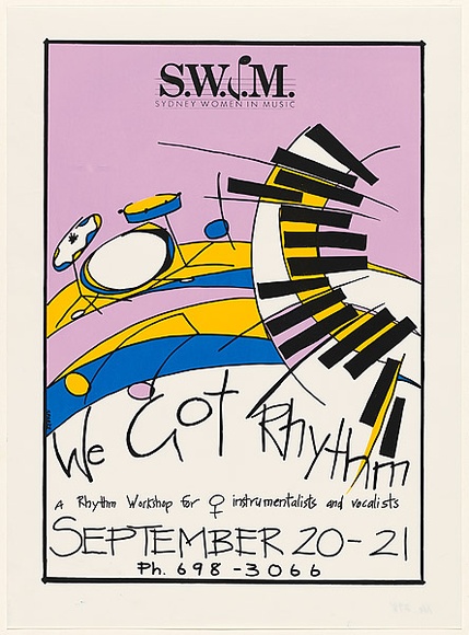 Artist: b'Tanya.' | Title: b'S.W.I.M. - Sydney Women in Music' | Date: 1986 | Technique: b'screenprint, printed in colour, from four stencils'