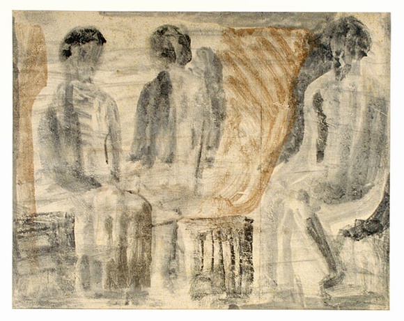 Artist: b'Molvig, Jon' | Title: b'(Three seated figures) (Classical figures)' | Date: c.1950 | Technique: b'monotype, printed in colour'