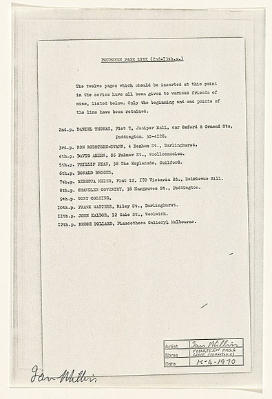 Title: b'Fourteen page line [page 3-13]' | Date: 1970 | Technique: b'pen and ink on typescript on offset-lithograph and xerox'