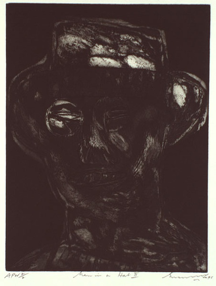 Artist: b'Lee, Graeme.' | Title: b'Man in a hat II' | Date: 1995, December | Technique: b'etching, printed in black ink, from one plate'