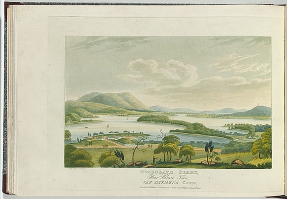 Artist: b'Lycett, Joseph.' | Title: bRoseneath Ferry, near Hobart Town, Van Demen's Land. | Date: 1824 | Technique: b'aquatint, etching, roulette, hand-coloured'