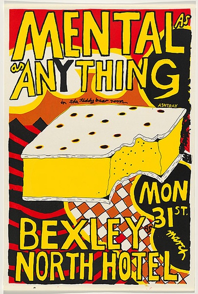 Artist: b'WORSTEAD, Paul' | Title: b'Mental as anything - Bexley North Hotel' | Date: 1980 | Technique: b'screenprint, printed in colour, from three stencils' | Copyright: b'This work appears on screen courtesy of the artist'