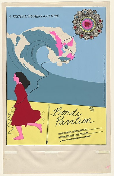 Artist: b'EARTHWORKS POSTER COLLECTIVE' | Title: bA festival of women's culture, Bondi Pavilion | Date: 1977 | Technique: b'screenprint, printed in colour, from six stencils'