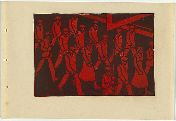 Artist: b'UNKNOWN, WORKER ARTISTS, SYDNEY, NSW' | Title: b'Not titled (protest march).' | Date: 1933 | Technique: b'linocut, printed in colour, from two blocks (black and red)'