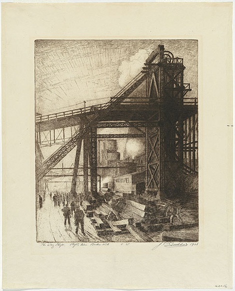 Artist: b'Goodhart, J.C.' | Title: b'The day shift, Proprietary Mine, Broken Hill' | Date: 1926 | Technique: b'etching and aquatint, printed in brown ink, from one plate with pencil addition'