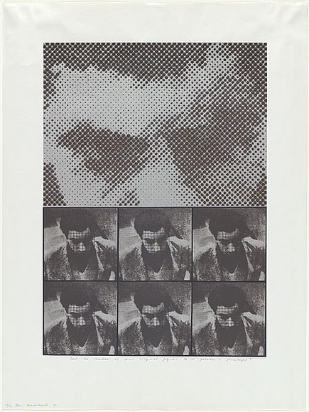 Artist: b'MADDOCK, Bea' | Title: b'Cast the shadow of your original figure. Is it possible in flashlight?.' | Date: 1970 | Technique: b'screenprint, printed in colour, from five stencils'