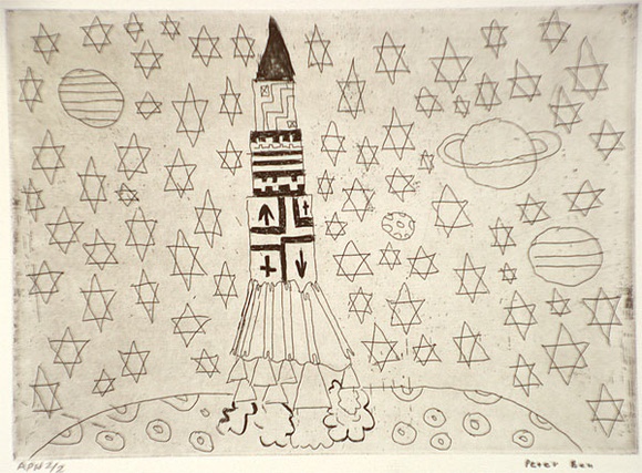 Artist: b'Ben, Peter.' | Title: b'not titled [rocket ship and stars]' | Date: 2000, February | Technique: b'etching, printed in black ink, from one plate'