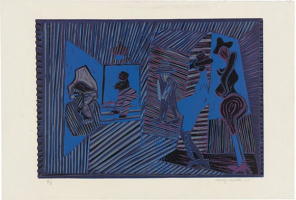 Artist: b'WALKER, Murray' | Title: b'The performers.' | Date: 1967 | Technique: b'linocut, printed in colour, from multiple blocks'