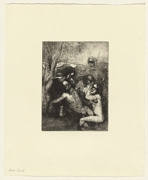 Artist: b'Shead, Garry.' | Title: b'not titled [five figures under tree]' | Technique: b'etching and aquatint, printed in black ink, from one plate' | Copyright: b'\xc2\xa9 Garry Shead'