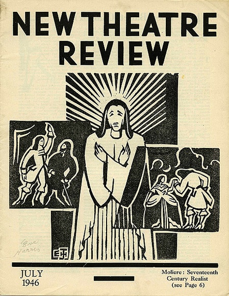 Title: b'New theatre review: July 1946' | Date: June 1946 | Technique: b'linocut, printed in black ink, from one block; letterpress text'