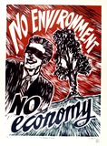 Artist: b'Paton, John.' | Title: b'No environment, no economy' | Date: 1992 | Technique: b'woodcut, printed in colour, from three blocks'