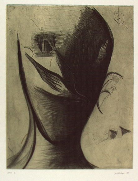 Artist: b'Palethorpe, Jan' | Title: b'Guiding form' | Date: 1989 | Technique: b'etching, printed in dark green ink, from one plate'