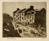 Artist: b'LINDSAY, Lionel' | Title: bOld houses built by Lang's masons, Miller's Point, The Rocks, Sydney | Date: 1936 | Technique: b'etching, printed in brown ink with plate-tone, from one plate' | Copyright: b'Courtesy of the National Library of Australia'