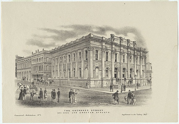 Artist: b'UNKNOWN' | Title: b'The Exchange, Sydney' | Date: 1870s | Technique: b'chalk-lithograph, printed in black ink, from one stone'