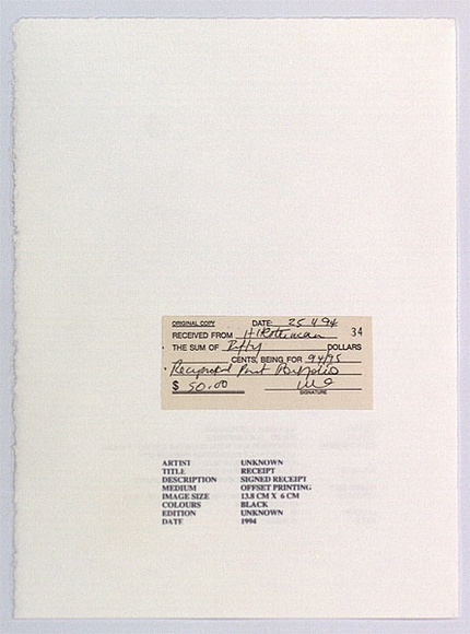 Artist: Hesterman, Heather. | Title: Receipt (No. 2 of 4) | Date: 1995, January | Technique: offset printing, printed in black ink | Copyright: © Heather Hesterman