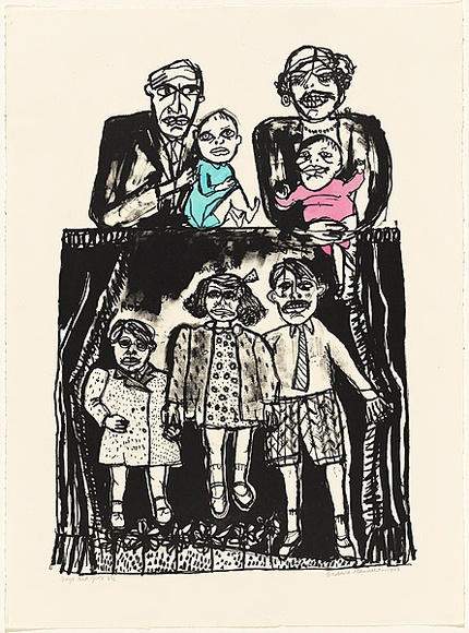 Artist: b'HANRAHAN, Barbara' | Title: b'Boys and girls' | Date: 1988 | Technique: b'lithograph, printed in black ink, from one stone, hand-coloured'