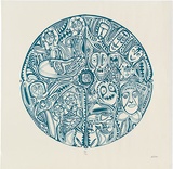 Artist: b'Lasisi, David.' | Title: b'not titled [circular motif of faces]' | Technique: b'screenprint, printed in teal ink, from one stencil'