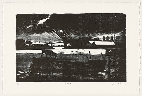 Artist: b'AMOR, Rick' | Title: b'Barge.' | Date: 1995 | Technique: b'woodcut, printed in black ink, from two blocks'