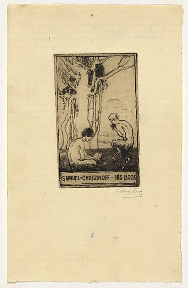 Artist: b'LONG, Sydney' | Title: b'Bookplate: Samuel Chotzinoff' | Date: 1921 | Technique: b'line-etching, printed in dark brown ink with plate-tone, from one copper plate' | Copyright: b'Reproduced with the kind permission of the Ophthalmic Research Institute of Australia'