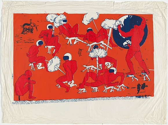 Artist: b'Cowper, Martin.' | Title: b'Wake up Australia ... something is happening ...' | Date: 1977 | Technique: b'screenprint, printed in colour, from three stencils'