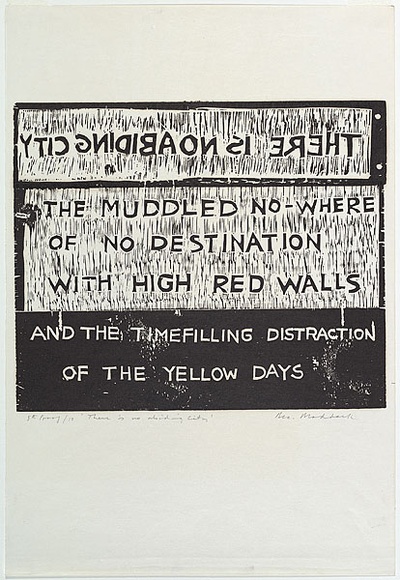 Artist: b'MADDOCK, Bea' | Title: b'There is no abiding city' | Date: 1964 | Technique: b'woodcut, printed in black ink by hand-burnishing, from two pine blocks'