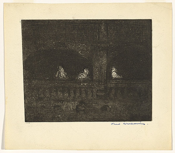 Artist: b'WILLIAMS, Fred' | Title: b'The Metropolitan' | Date: 1955 | Technique: b'etching, aquatint, engraving and flat biting, printed in black ink, from one zinc plate' | Copyright: b'\xc2\xa9 Fred Williams Estate'