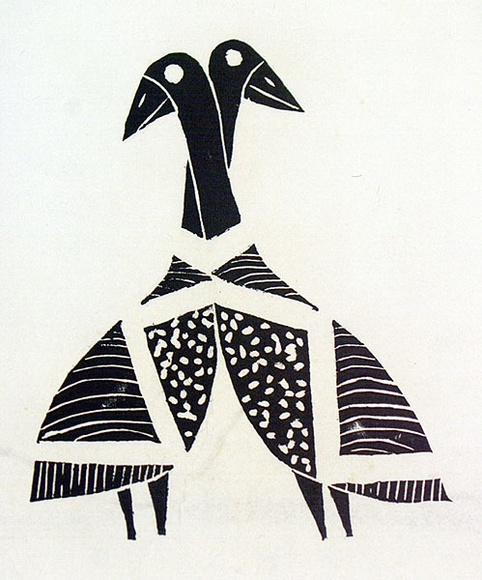 Artist: b'Artist unknown' | Title: b'Two birds with crossed necks' | Date: 1970s | Technique: b'woodcut, printed in black ink, from one block'