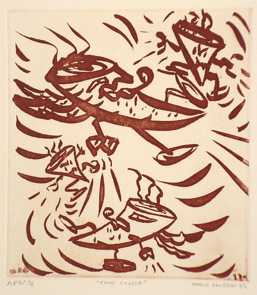 Artist: b'Davidson, Marcus.' | Title: b'Cone clusta' | Date: 1992 | Technique: b'aquatint, printed in red ink, from one plate'