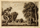 Artist: b'LINDSAY, Lionel' | Title: b'The old bark hut, Bendemeer, N.S.W.' | Date: 1923 | Technique: b'drypoint, printed in brown ink with plate-tone, from one plate' | Copyright: b'Courtesy of the National Library of Australia'