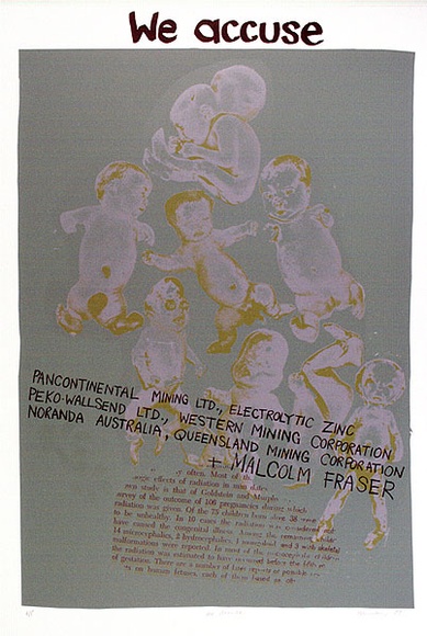 Artist: b'Newmarch, Ann.' | Title: b'We accuse' | Date: 1977 | Technique: b'screenprint, printed in colour, from multiple stencils'