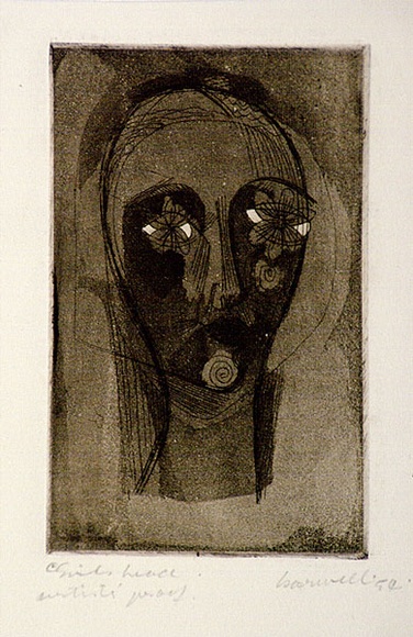 Artist: b'Barwell, Geoff.' | Title: b'Girls head.' | Date: 1954 | Technique: b'etching, drypoint and aquatint, printed in sepia ink, from one plate'